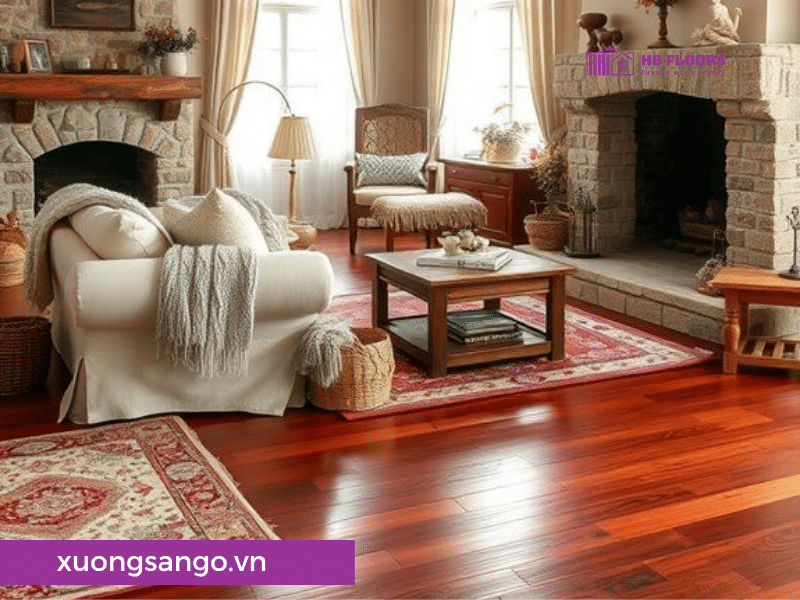 Sàn gỗ Giáng Hương vân gỗ mềm mại, gam màu đỏ nâu giúp không gian thêm phần đẳng cấp, ấm cúng.