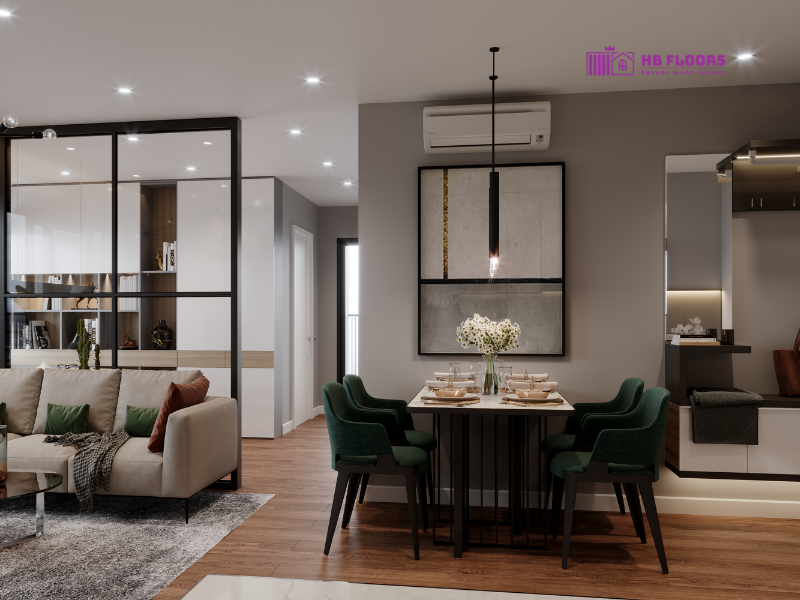 Kết hợp đồ nội thất màu trắng, xám và xanh rêu