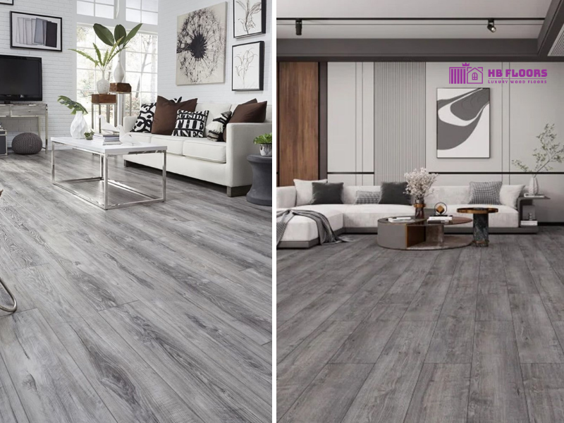 Sàn gỗ màu xám cho phòng khách dễ kết hợp với sofa và đồ decor